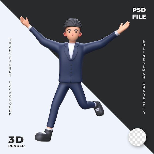 3d businessman jumping pose and celebrating success cartoon character illustration business concept