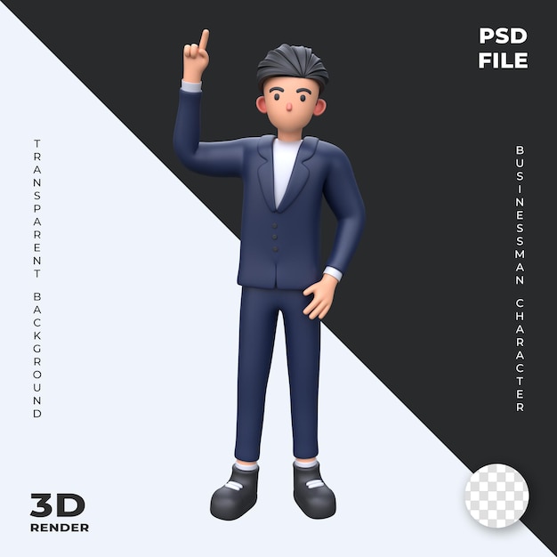 3D Businessman pointing finger up cartoon character illustration business concept