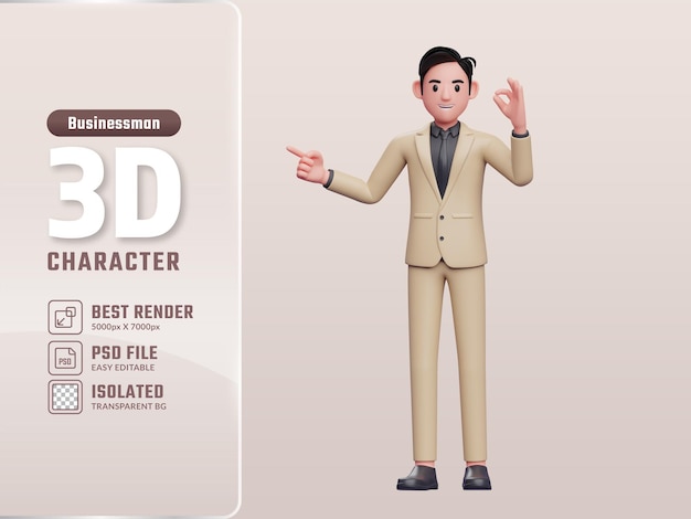 3d бизнесмен, указывающий на рекомендацию жеста 3d визуализация иллюстрации персонажа бизнесмена