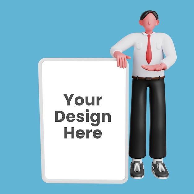 PSD 3d businessman standing with blank board mockup