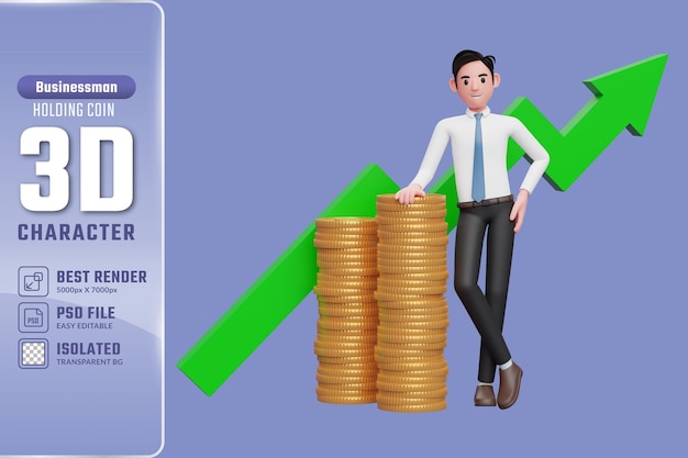 PSD 3d businessman in white shirt blue tie leaning on pile of gold coins with growing statistics