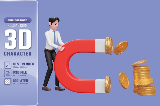 3d businessman in white shirt hold a big magnet to attract coins