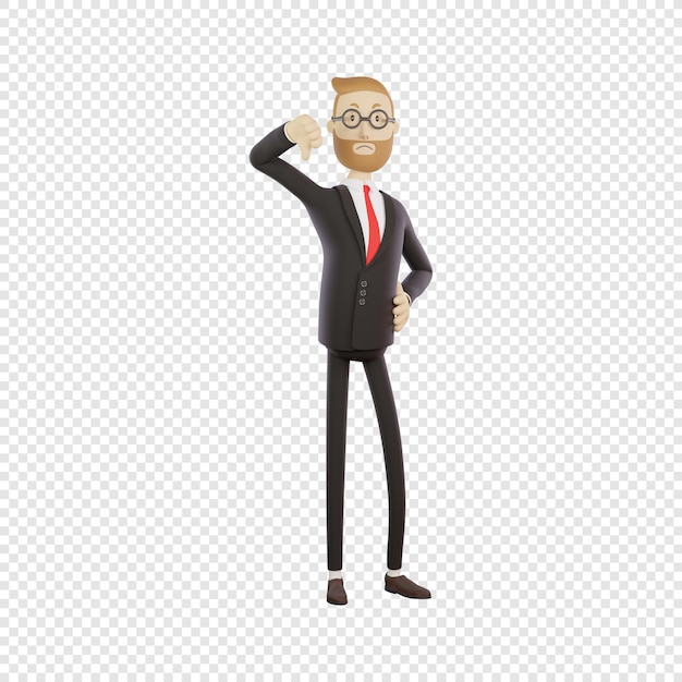 3d бизнесмен в очках показывает палец вниз жест плохой результат на работе изолированный 3d персонаж