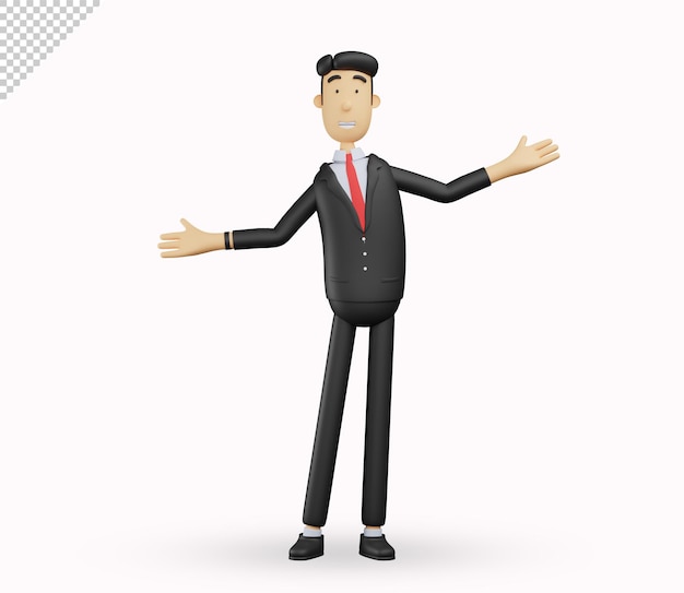 3d bussiness man character explain with open arms gesture isolated on white background