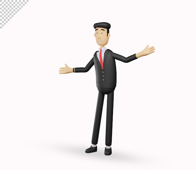 3d bussiness man character explain with open arms gesture isolated on white background