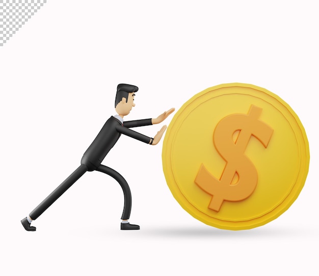 白い背景で隔離のドル硬貨に寄りかかって3dビジネスマンキャラクター