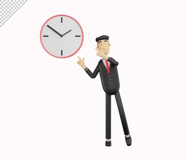 PSD 3d bussiness man character pointing at the clock isolated on white background 3d render illustration