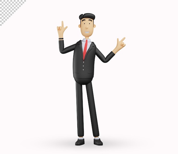 Personaggio 3d uomo d'affari che punta al gesto in alto isolato su sfondo bianco