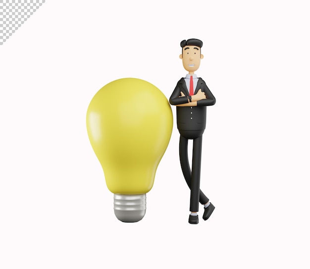 PSD 3d bussiness man character standing next to the light bulb isolated on white background