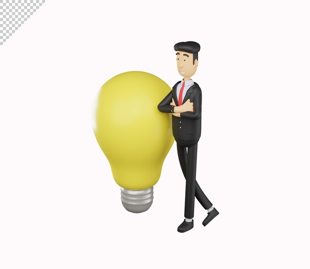 3d bussiness man character standing next to the light bulb isolated on white background