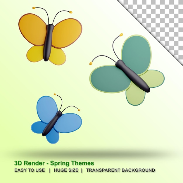 3d butterflies illustration with transparent background