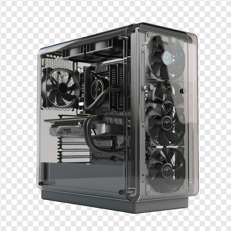 PSD 3d cad model of a large pc includes a spacious tower on transparency background psd
