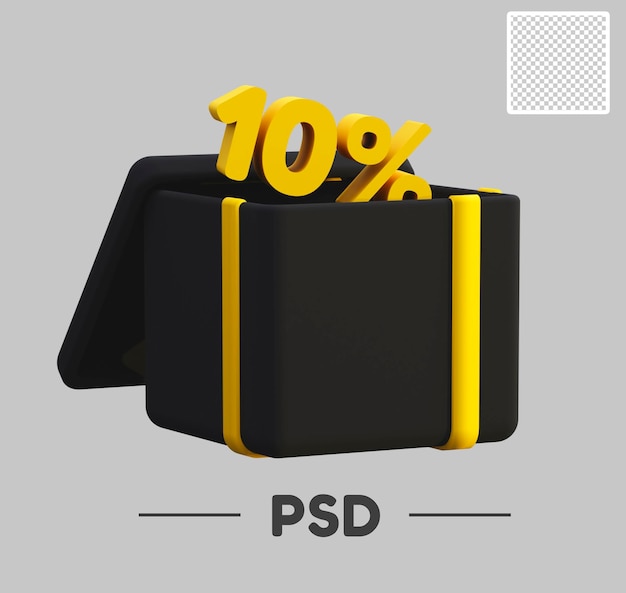 PSD 3d-cadeaupictogram zwart en geel geopend met tien procent korting op een transparante achtergrond