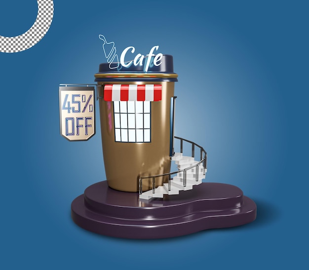 3d cafe or coffee restaurant shop building premium design