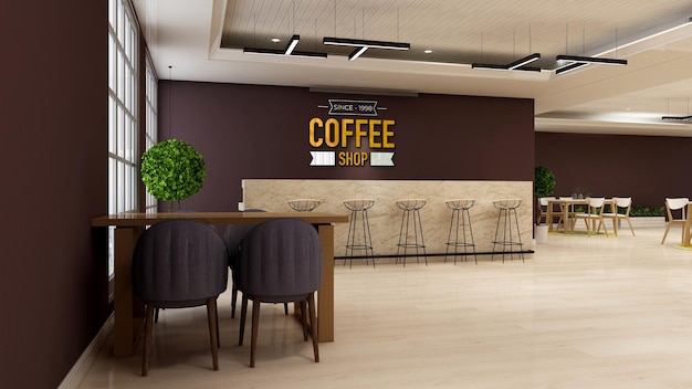 3d cafe logo mockup in the coffee shop room