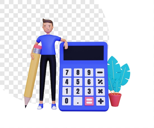 PSD 3d calculator with a man standing holding a pencil