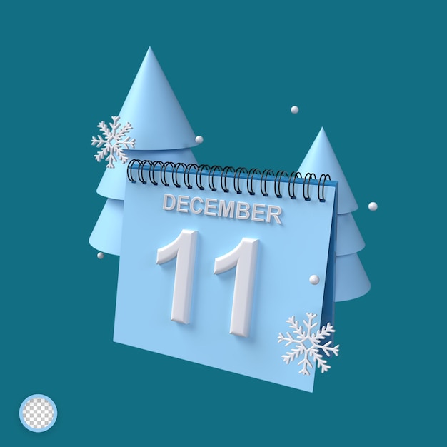 Calendario 3d dell'11 dicembre con albero e ornamenti scintillanti con concetto invernale