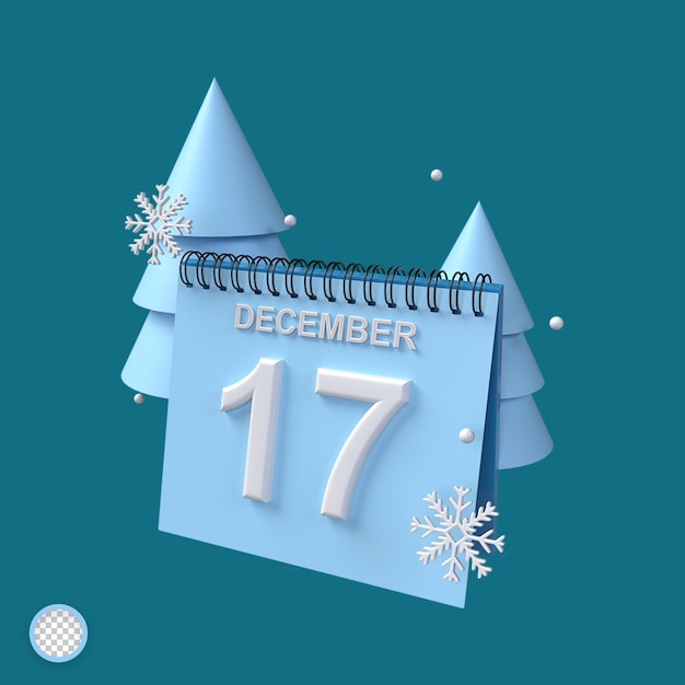 PSD 3d calendar of 17 december with tree and sparkle ornaments with winter concept