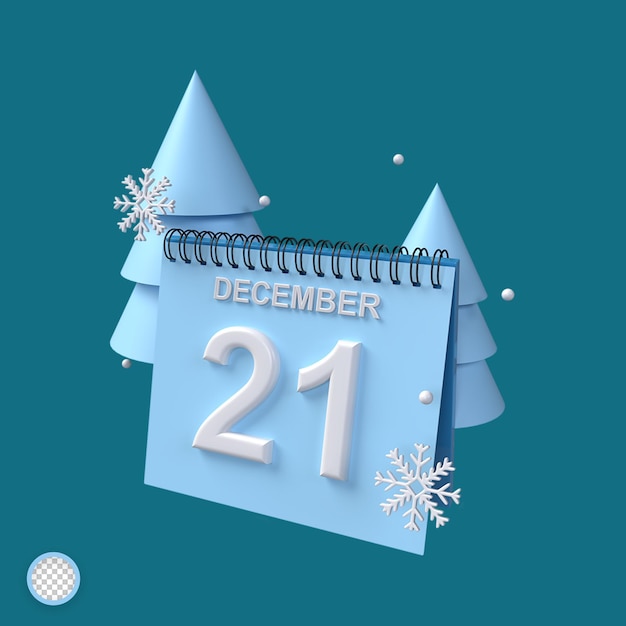 PSD calendario 3d del 21 dicembre con albero e ornamenti scintillanti con concetto invernale