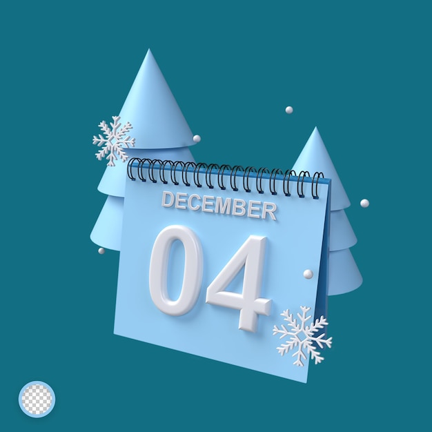 PSD 12월 4일의 3d 달력, 겨울 컨셉의 나무와 반짝이 장식