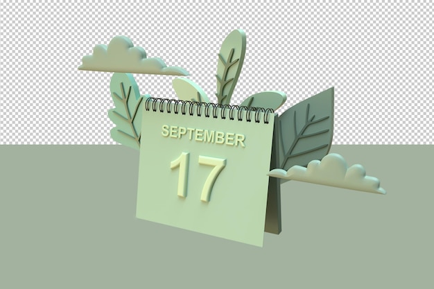 3D calendar September 17th with leaf and cloud ornaments with autumn concept