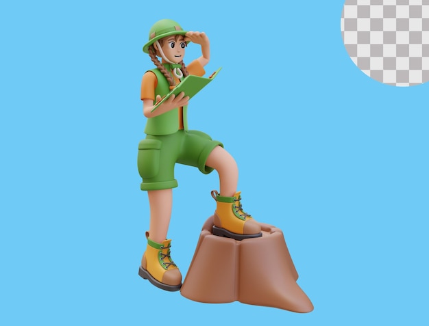 3d Camper girl holding a travel map Finding way Concept Outdoor Activity