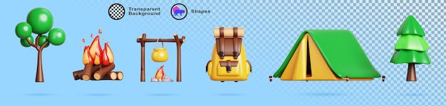 3d camping sprzęt turystyczny zestaw renderowania kreskówek izolowany namiot plecak drzewa ogień kręgle na ogniu wędrówki letnie wakacje na świeżym powietrzu w kempingu las piknik rekreacja w przyrodzie