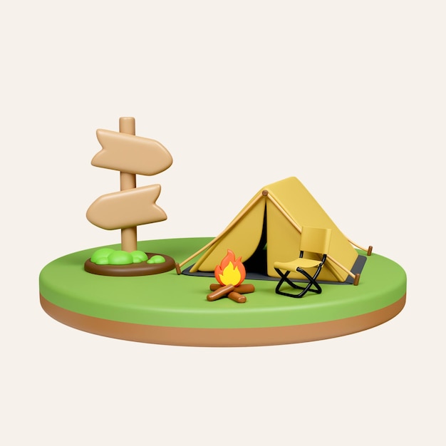 PSD 3d campsite in nature and element for camping summer camp traveling icon background 3d illustration