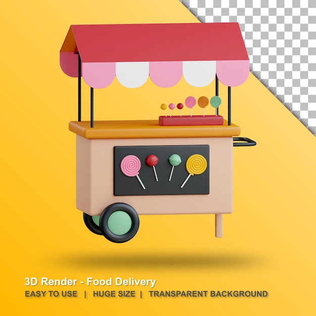 3d candy cart illustration with transparent background