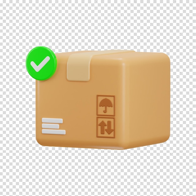 PSD 3d cardboard box with check mark on delivered order or package approved to delivery box icon