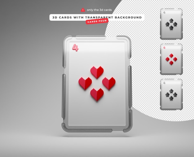 3d cards with transparent background four of hearts spades diamonds clubs cards