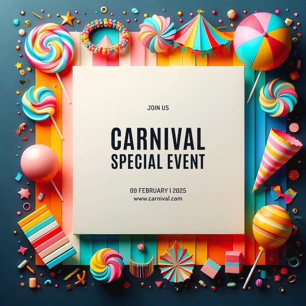 PSD design del modello di post banner per social media con cornice per eventi speciali di carnevale 3d