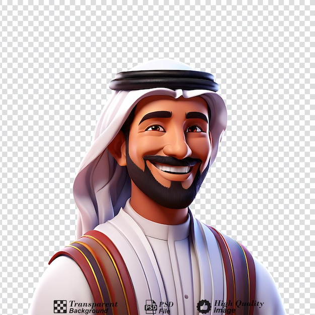 PSD 3d cartoon arab man smiling closeup halfbody object isolated on transparent background