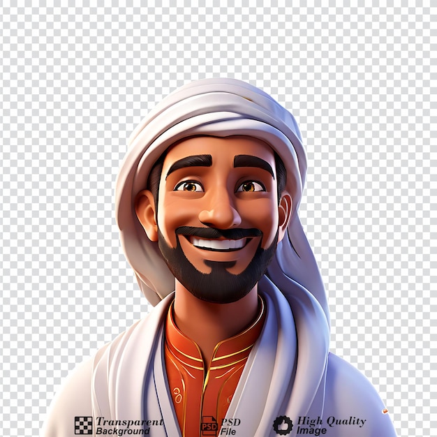 PSD 3d cartoon arabische man glimlachende close-up halfbody object geïsoleerd op transparante achtergrond