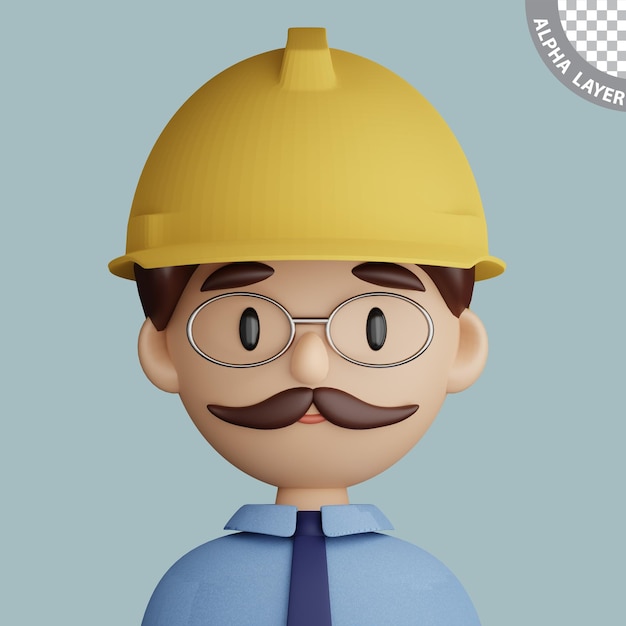 PSD 안전 헬멧을 쓴 엔지니어 남자의 3d 만화 아바타