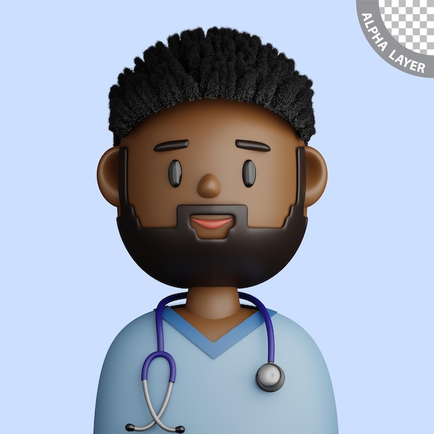 3d мультяшный аватар улыбающегося бородатого чернокожего врача