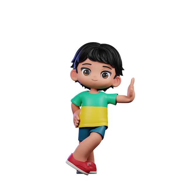 3d Cartoon Boy with Black Hair and Green Shirt Acting Cool Pose