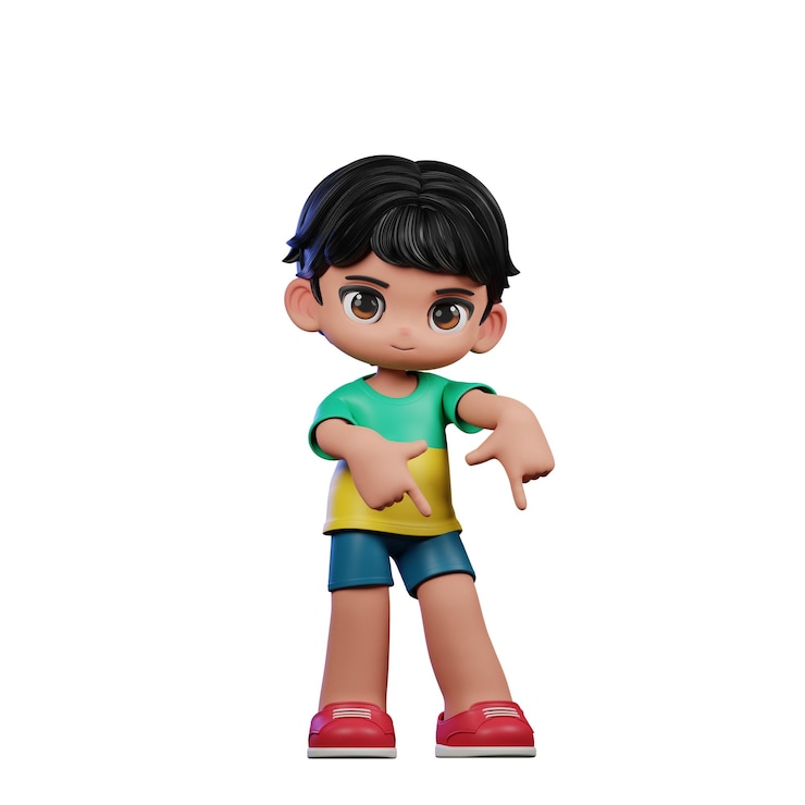 PSD 3d cartoon boy with black hair and green shirt pointing down pose