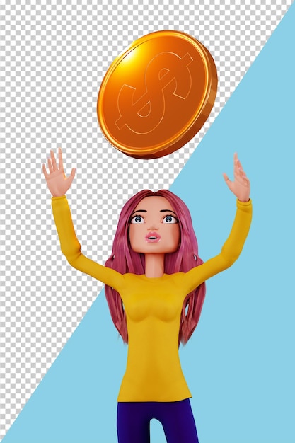 PSD 3d cartoon character catches a huge dollar coin woman wins a lot of money coin fall from the sky