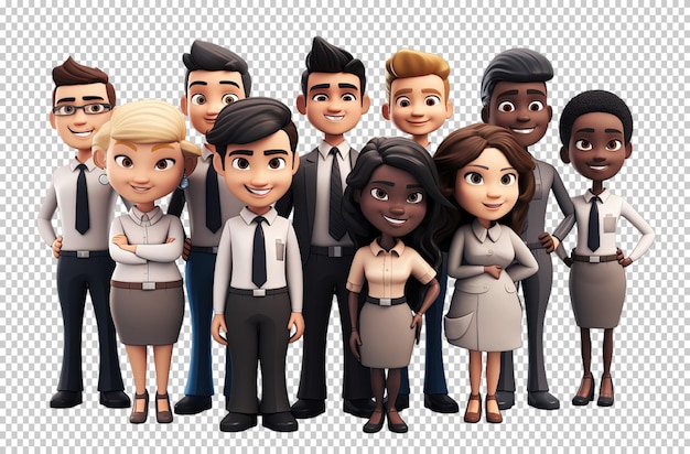 3D 만화 캐릭터 젊은 사업가 그룹이 투명한 배경에 고립되어 있습니다.