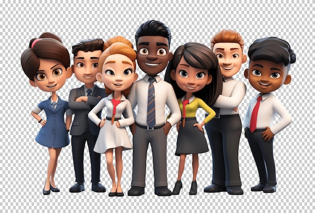 PSD 3d cartoon character group of young business people isolated on transparent background