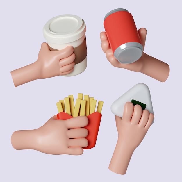 3d Cartoon character hand hold food icon isolated on gray background 3d rendering illustration Clipping path