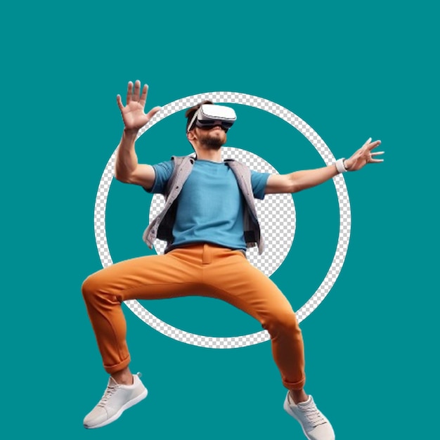 3d cartoon character man wearing virtual reality glasses and jump floating in the air