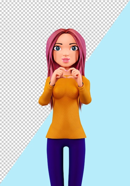 Il personaggio dei cartoni animati 3d mostra un gesto del cuore. la donna fa un gesto ti amo per san valentino.
