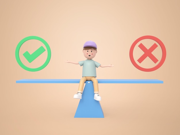 a 3d cartoon character sits on a pole between wrong and right.