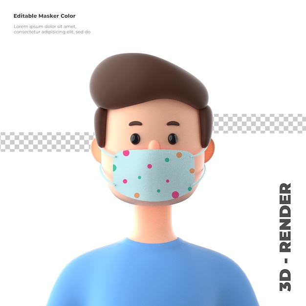 PSD 3d cartoon character wearing mockup of face mask