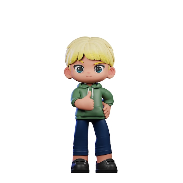 3Dカートゥーンキャラクター ブロンドヘア 親指を上げてポーズをとる