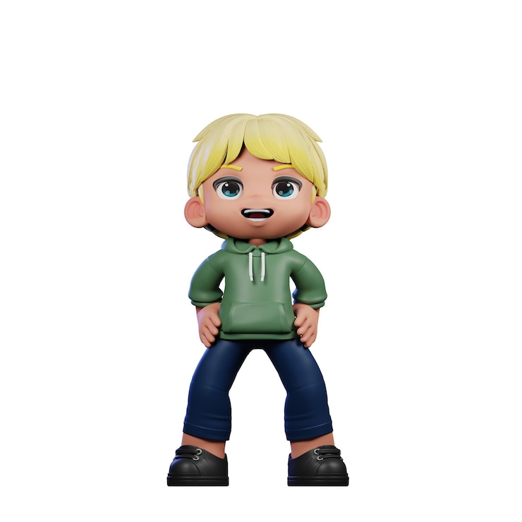 PSD 3d cartoon character with blonde hair standing laugh pose
