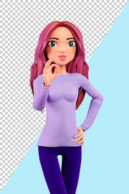 PSD 3d cartoon character with ok gesture. cartoon woman shows okay sign, 3d render