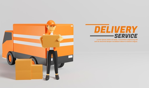 Corriere di servizio di consegna di cartoni animati 3d pronto a consegnare pacchi in camion
